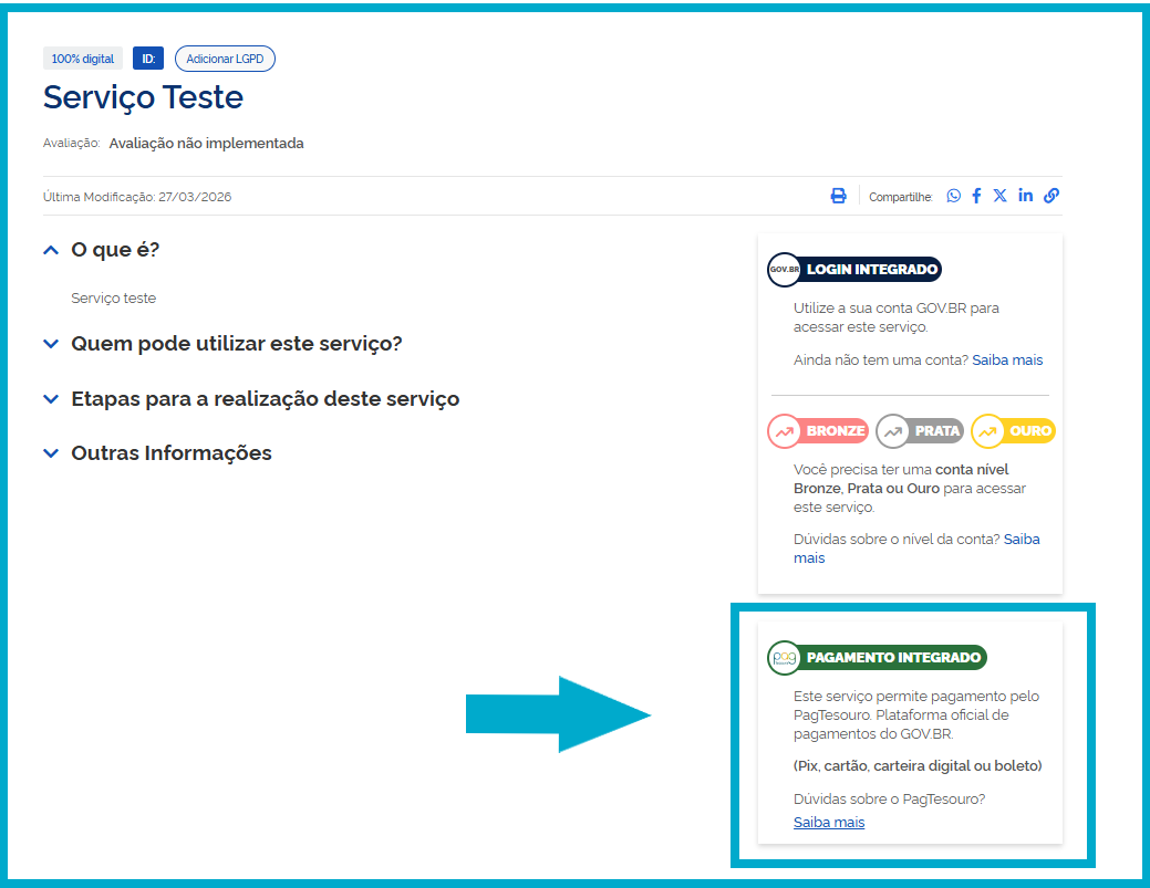 Tela do serviço com uma seta apontando para a flag do PagTesouro inserida.