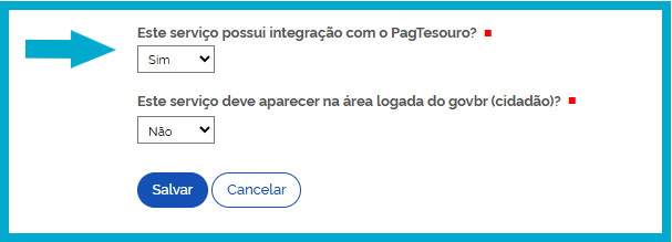 Tela mostrando a opção para habilitar a integração com o PagTesouro