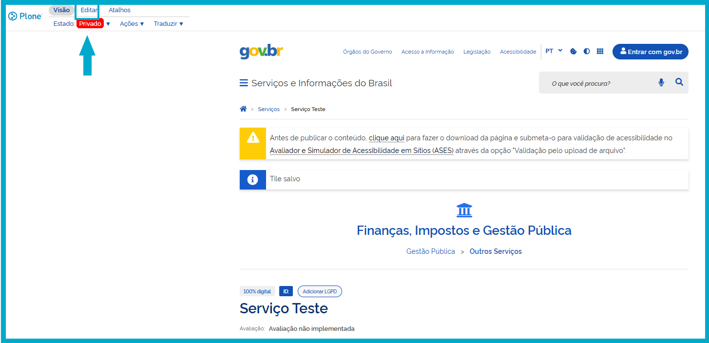 Tela do serviço com o item de menu "Editar" selecionado