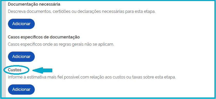 Print da tela com o item "Custos" marcado