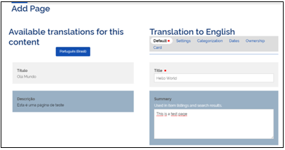 tela adicionar página em inglês