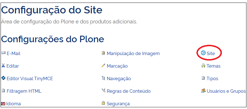 tela configuração do plone, botão "site"