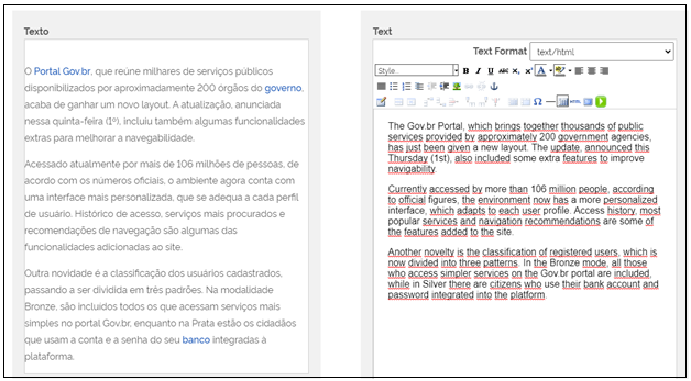tela de edição de texto em inglês