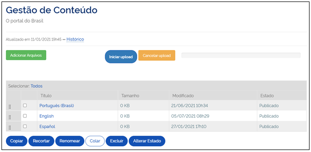 tela visão de pasta em gestão de conteúdo