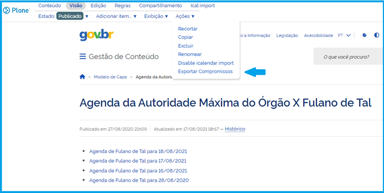 Exportar compromissos