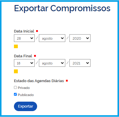 Datas em Exportar compromissos