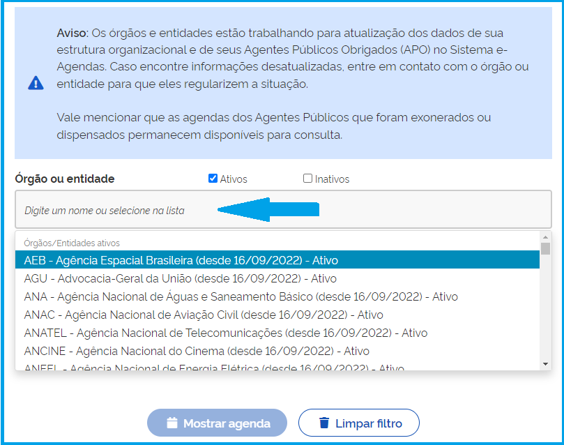 Tela de cadastro do órgão no e-agendas