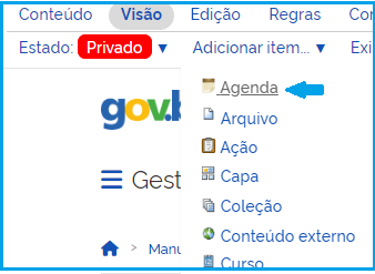 Tela exibe o item Agenda