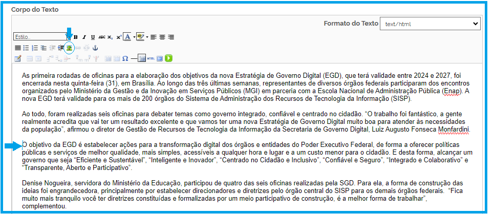 Visão do ícone para inserir imagem carregada antes na notícia e a seta apontando para um local no te