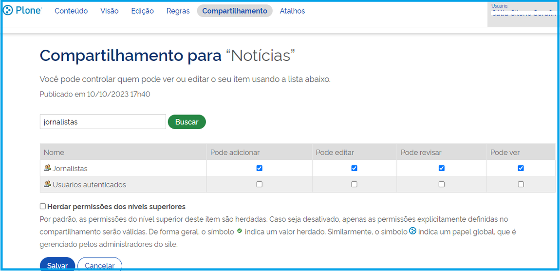 Visão da tela de acesso a usuários e grupos à uma pasta
