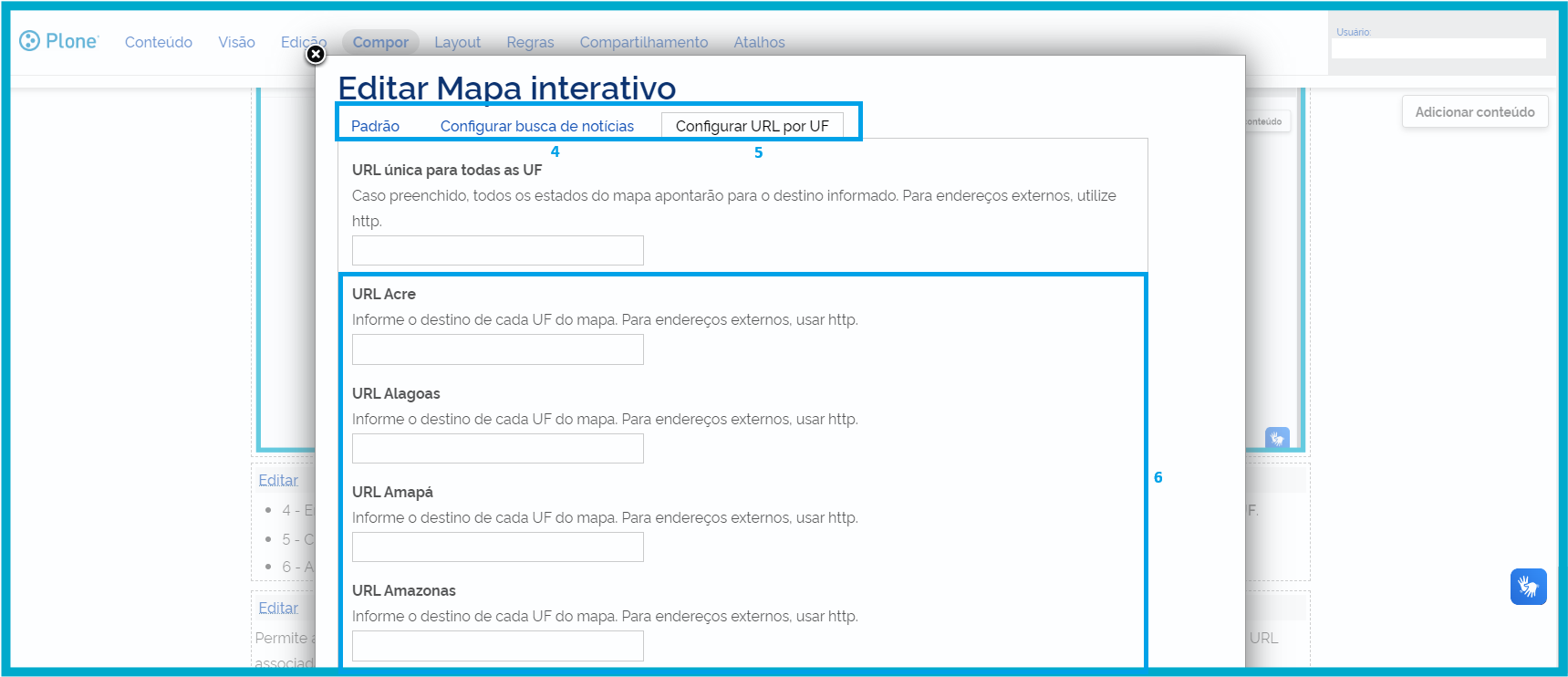 tela configurar URL por UF