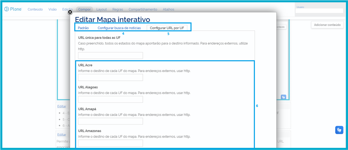 tela configurar URL por UF