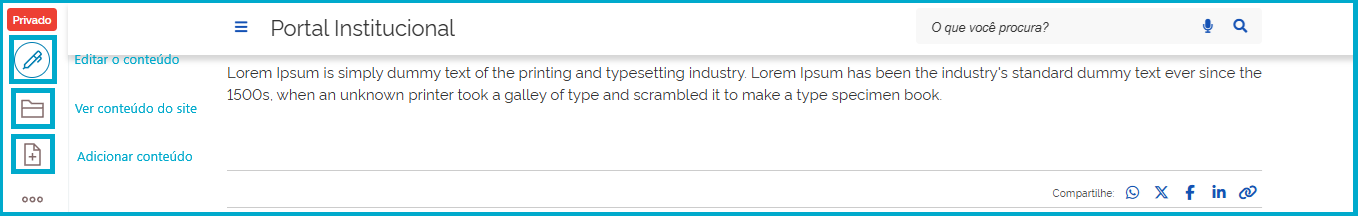 Visão da localização dos itens "Editar" "Conteúdo" e "Adicionar conteúdo"