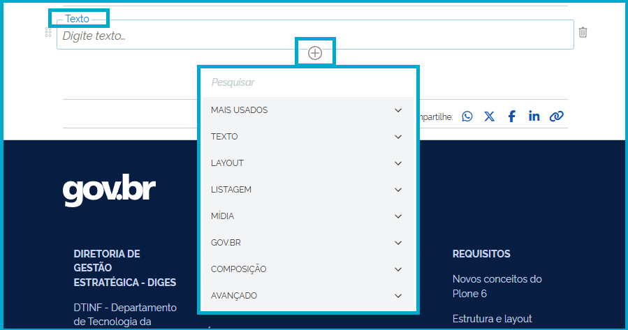 Grupos de blocos disponíveis marcados