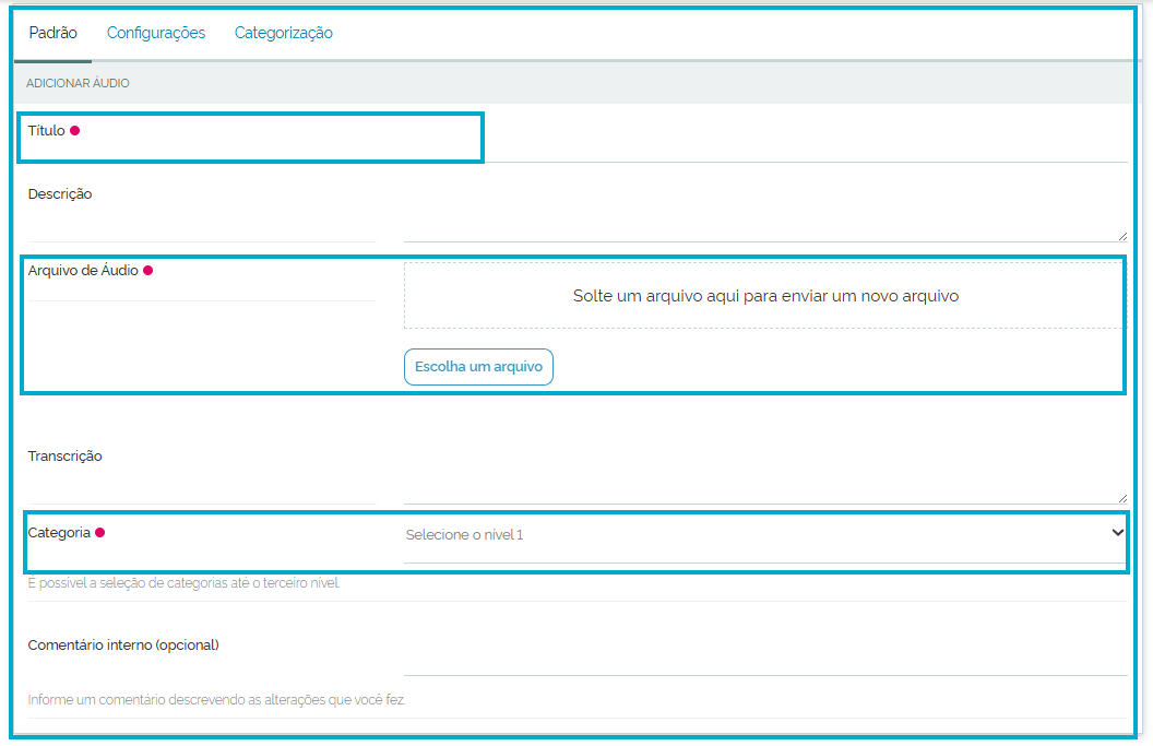 tela de ajustes padrão do áudio
