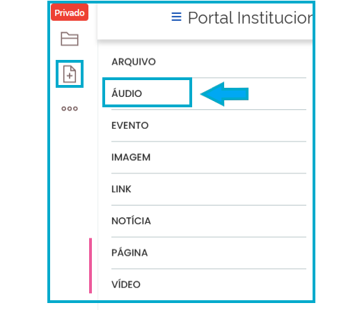 Menu de edição com o botão [+] e o item Áudio selecionado