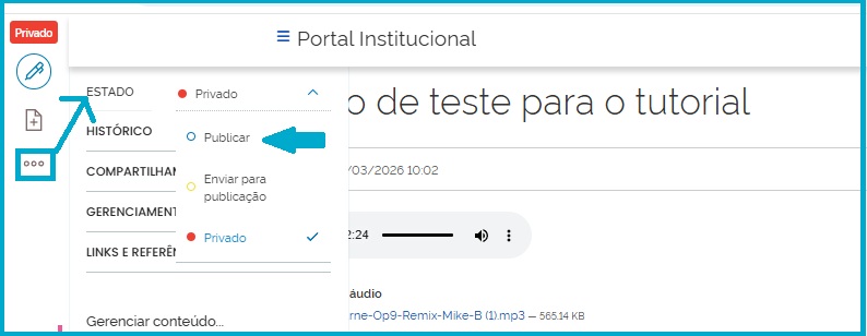 Tela que mostra os itens de menu aberto com a opção de "Publicar" em primeiro