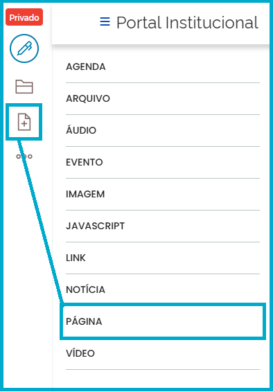 Tela com o item Adicionar página selecionado
