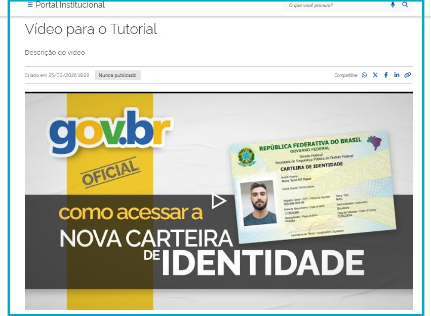 Visão do bloco de vídeo mostrando os campos Título Descrição e vídeo preenchidos