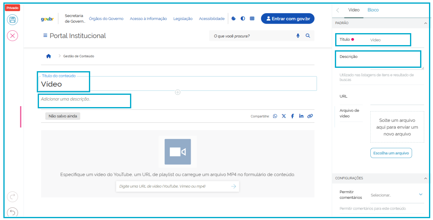 Tela de edição do vídeo