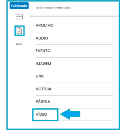 Menu de edição com o botão [+] e o item Vídeo selecionado