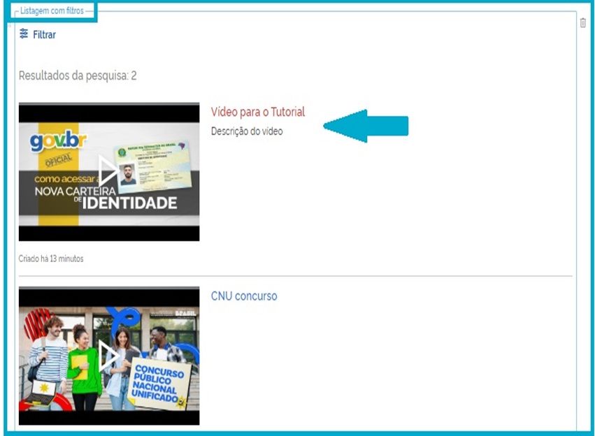 Tela do Bloco Listagem com Filtros contendo dois vídeos