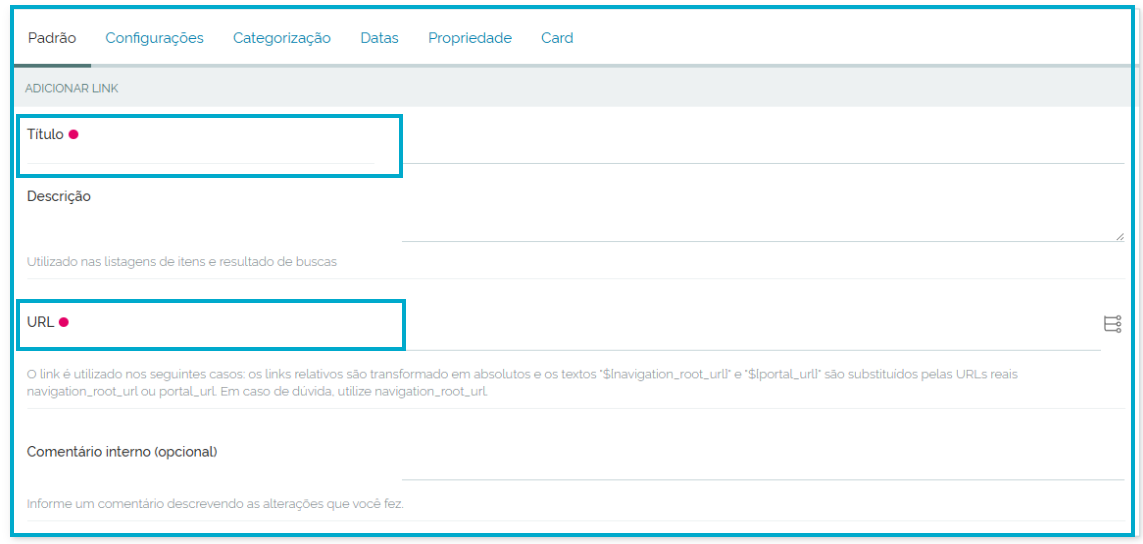 Tela de edição padrao do link