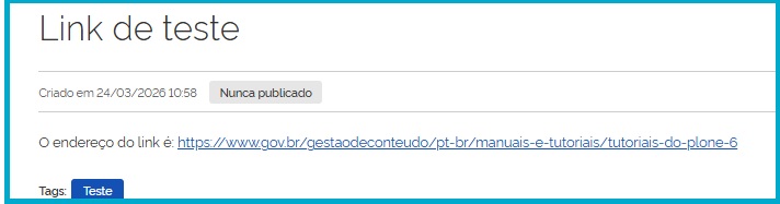 Tela do link após a criação