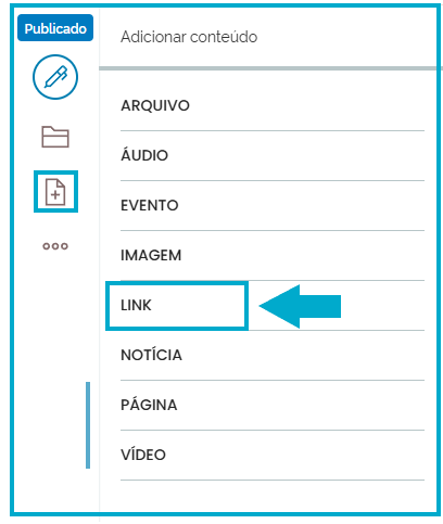Menu de edição com o botão [+] e o item Link selecionado