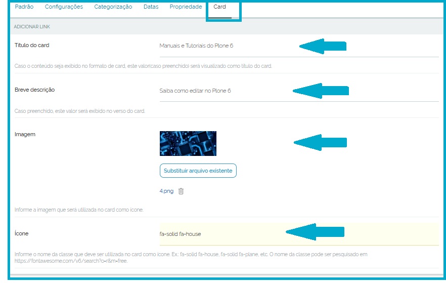 Tela de configuração do card para inserir uma imagem ou ícone