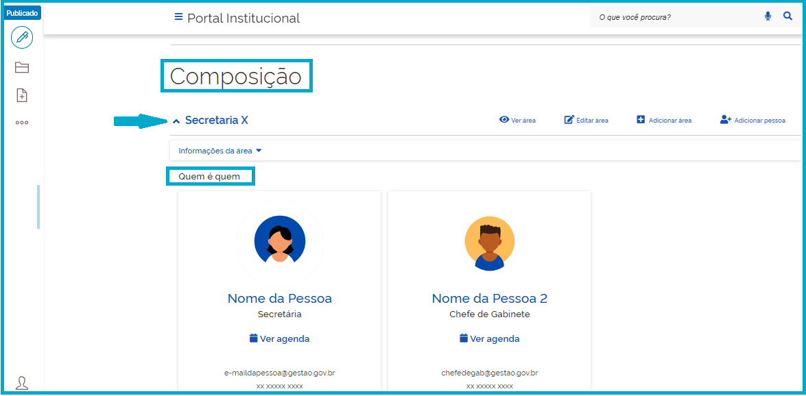 Visão da tela do "Quem é quem" da secretaria X no composição