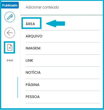 Visão do menu do site com o bloco "Área" marcado