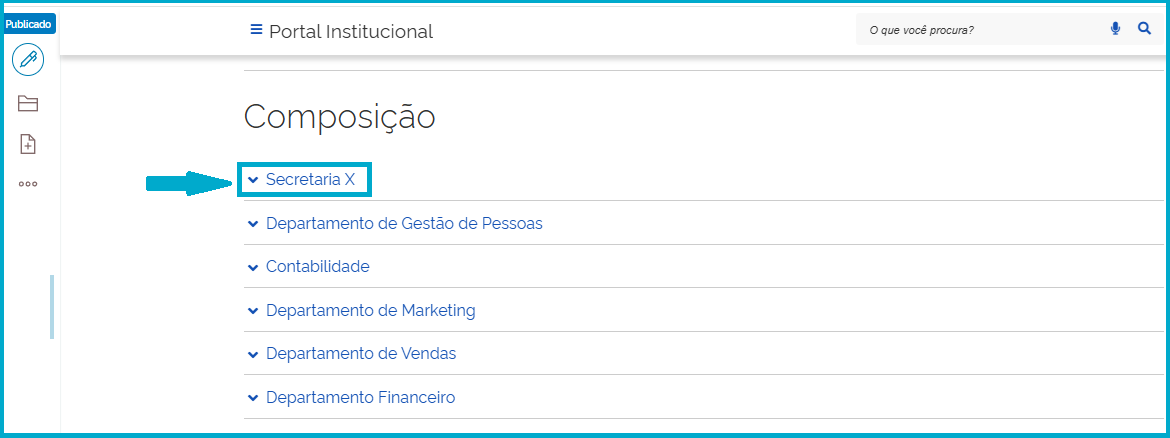 Visão das Áreas cadastradas no Composição em formato de Acordeom