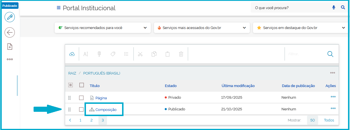 Visão da pasta "Conteúdo" com o item "Composição" selecionado