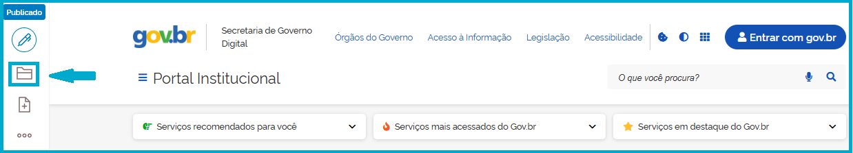 Visão do menu do site com a pasta "Conteúdo" marcada