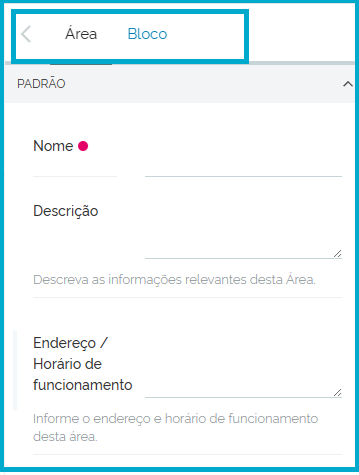 Visão dos itens da configuração da área, como Nome, Descrição.