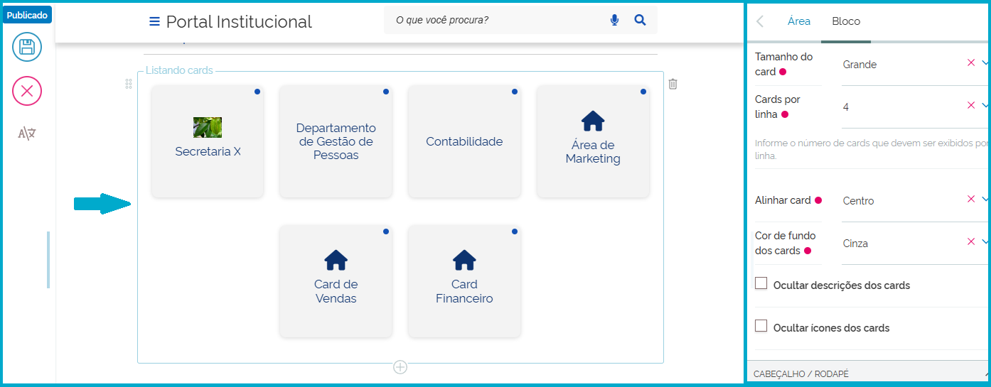 Visão do Composição mostrando as áreas em formato de cards