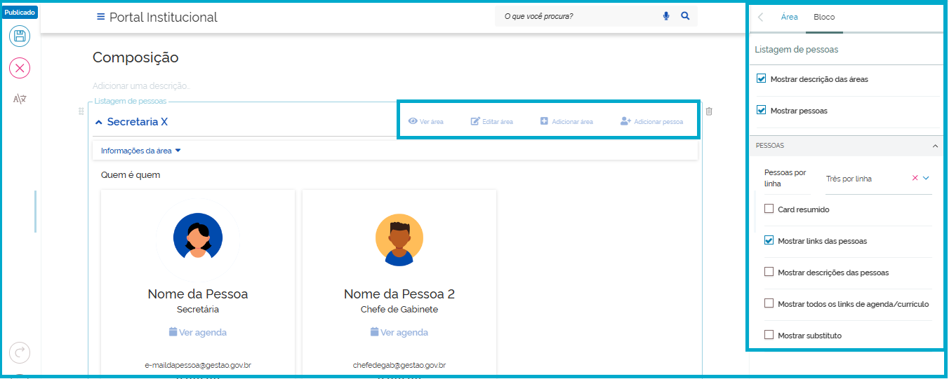 Visão do Quem é quem com as configurações do bloco Listagem de pessoas abertas