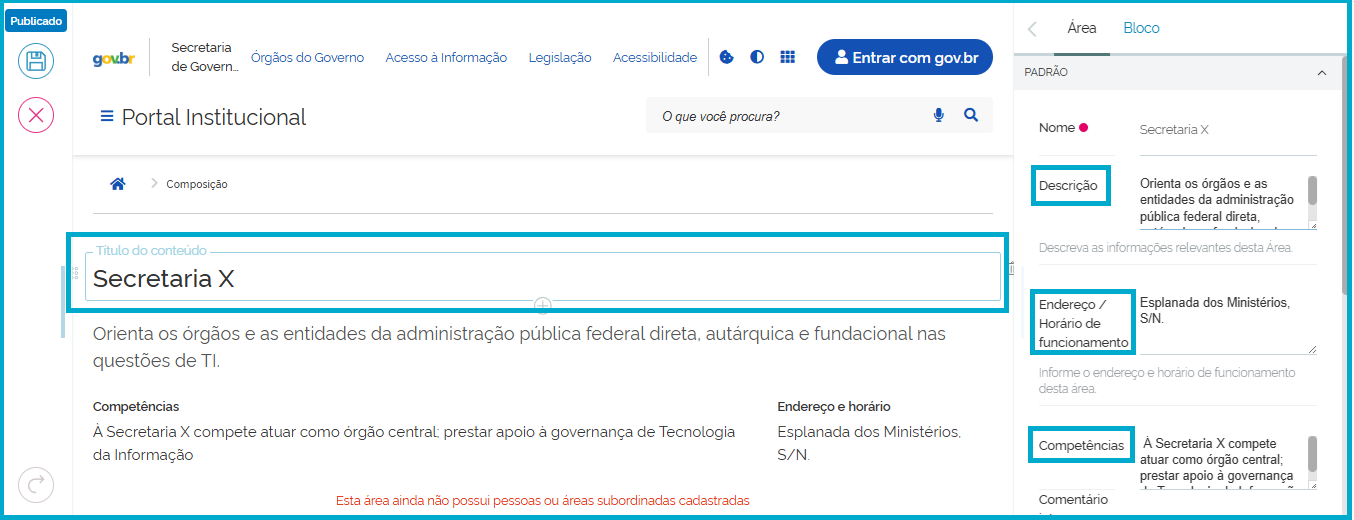 Bloco Área com os campos Título, Descrição, endereço e competências preenchidos