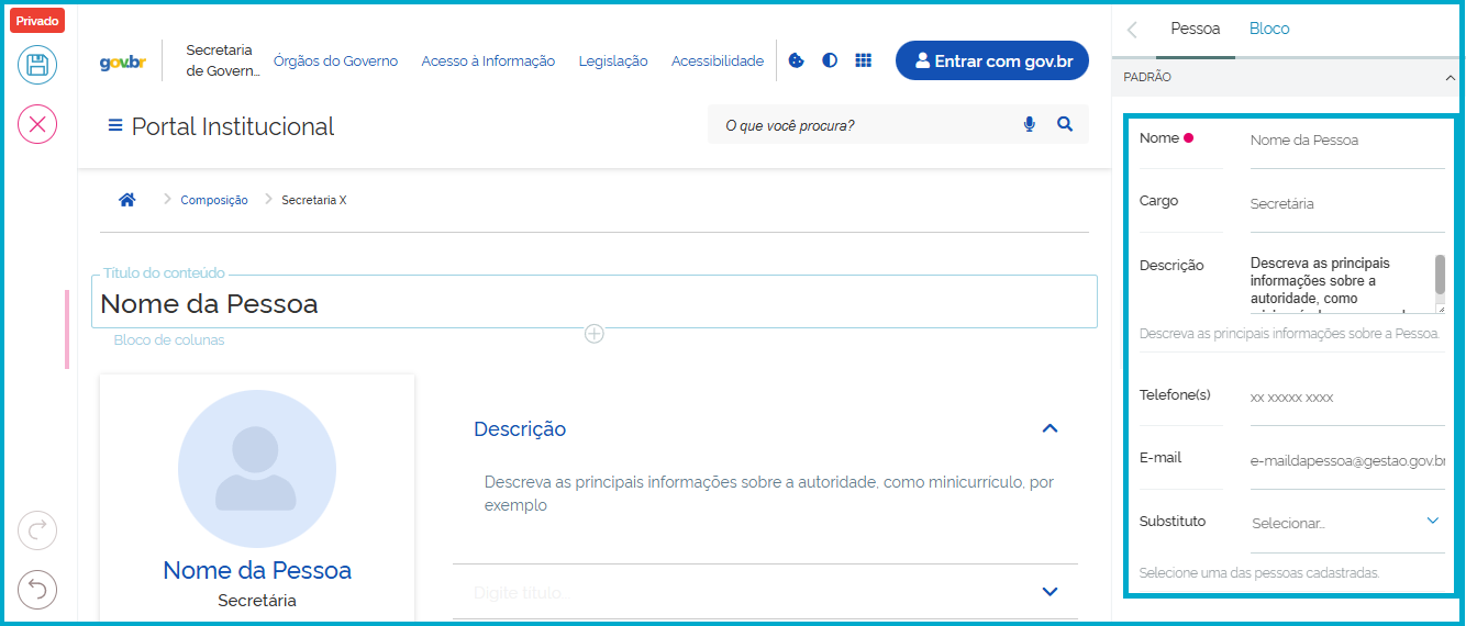 Visão da tela de configurações do bloco Pessoa