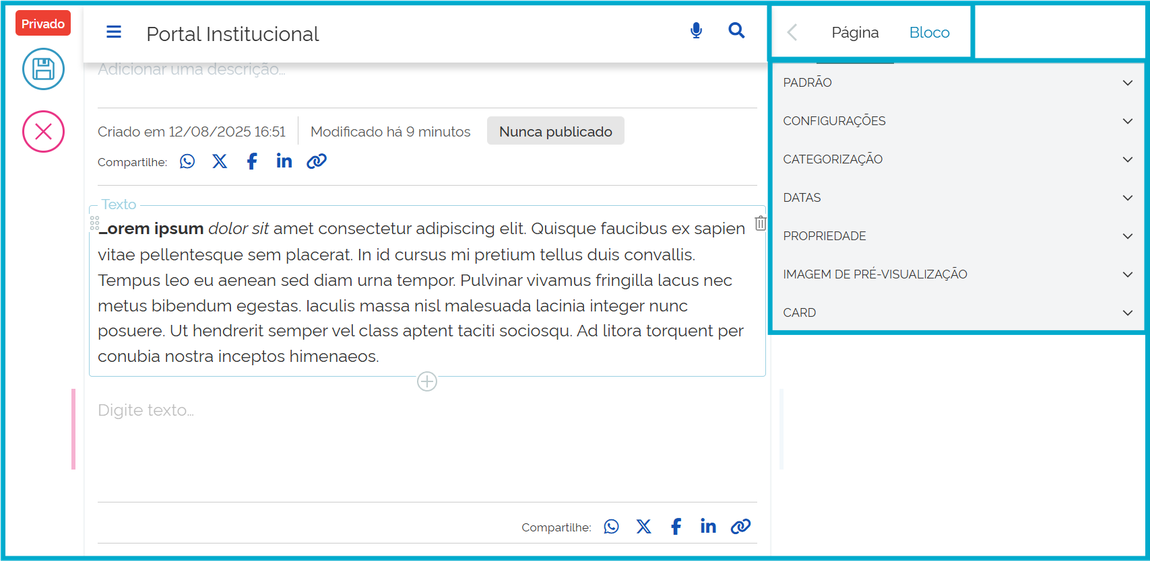 tela de ajustes da página