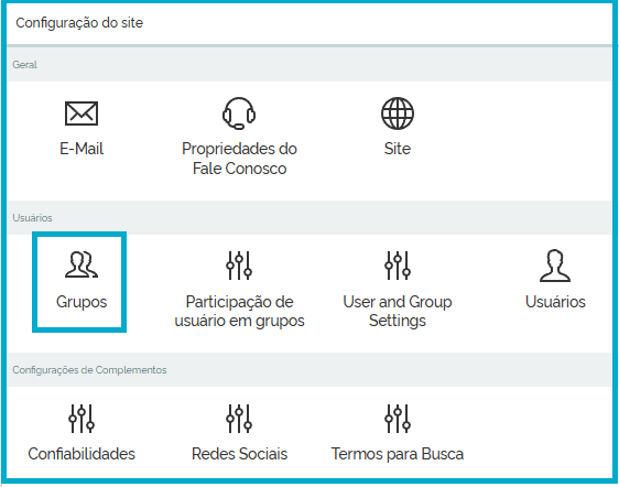 Tela de configuração do site com ícone de grupos destacado