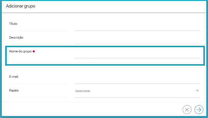 Tela com os campos do item Adicionar grupo, com destaque para o campo Nome do Grupo