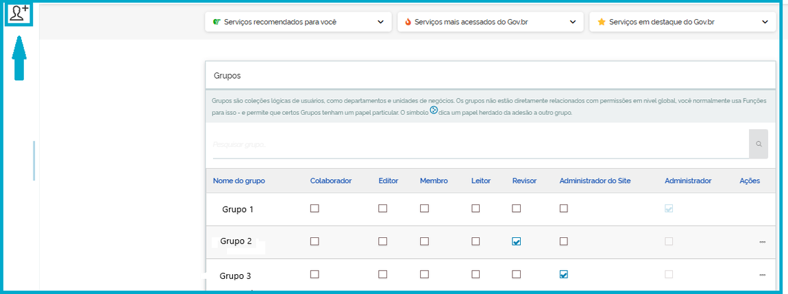 Visão do ícone Adicionar grupo e do Painel de grupos