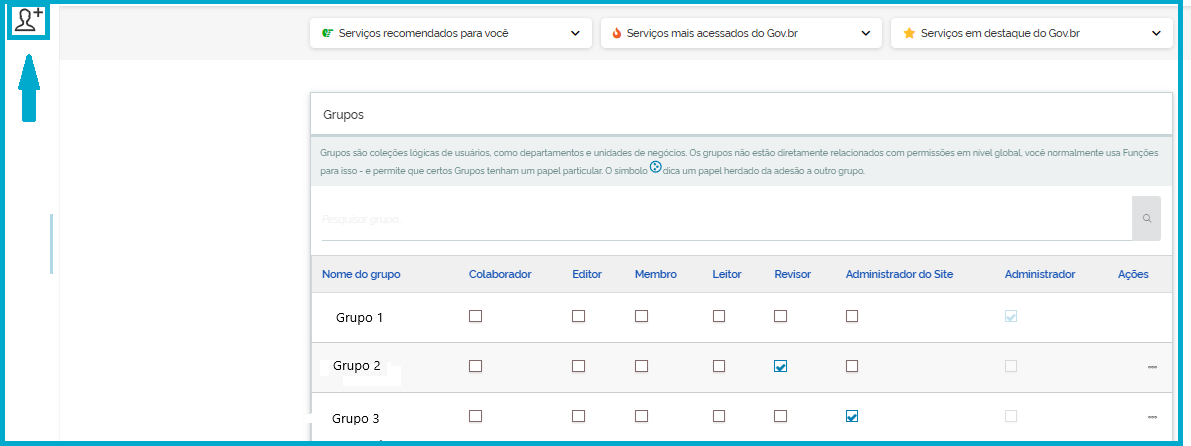 Visão do ícone Adicionar grupo e do Painel de grupos