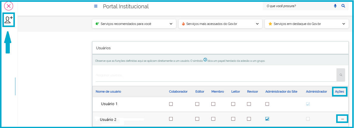 Tela de definição dos papeis do usuário, edição e exclusão de usuários