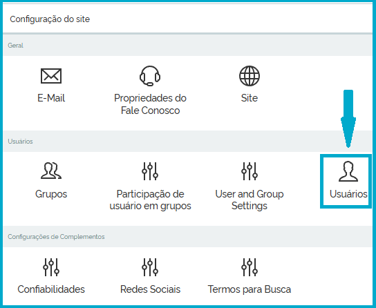 tela de configuração do site com o item usuário marcado