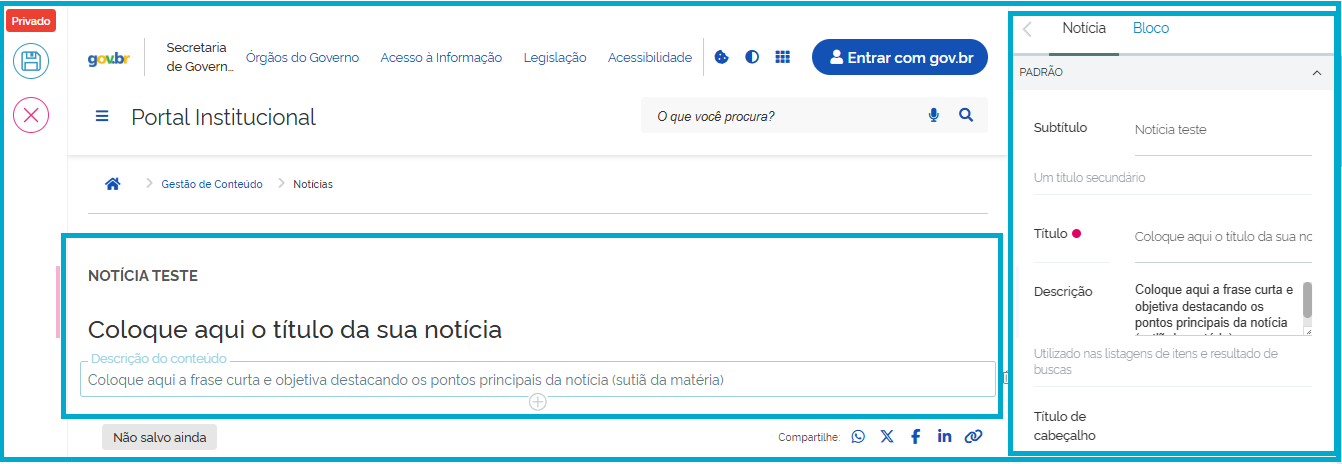 Tela de edição de uma notícia com o preenchimento dos campos Subtítulo, Título e Descrição marcados