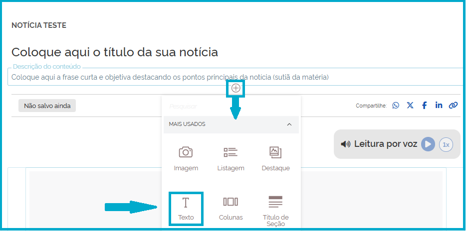 Tela mostrando o sinal de mais [+] e o bloco selecionado.