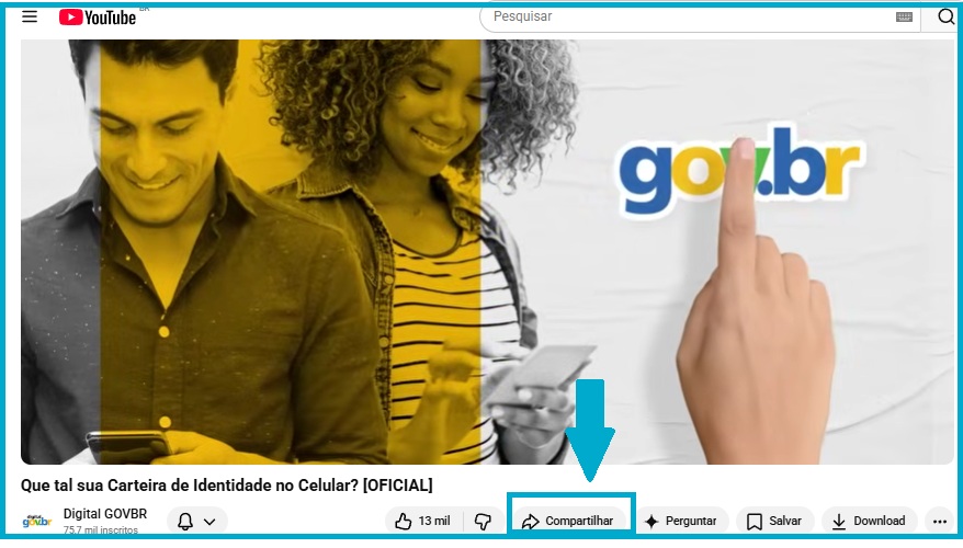 Tela mostra o botão "Compartilhar" para pegar o link do vídeo no youtube